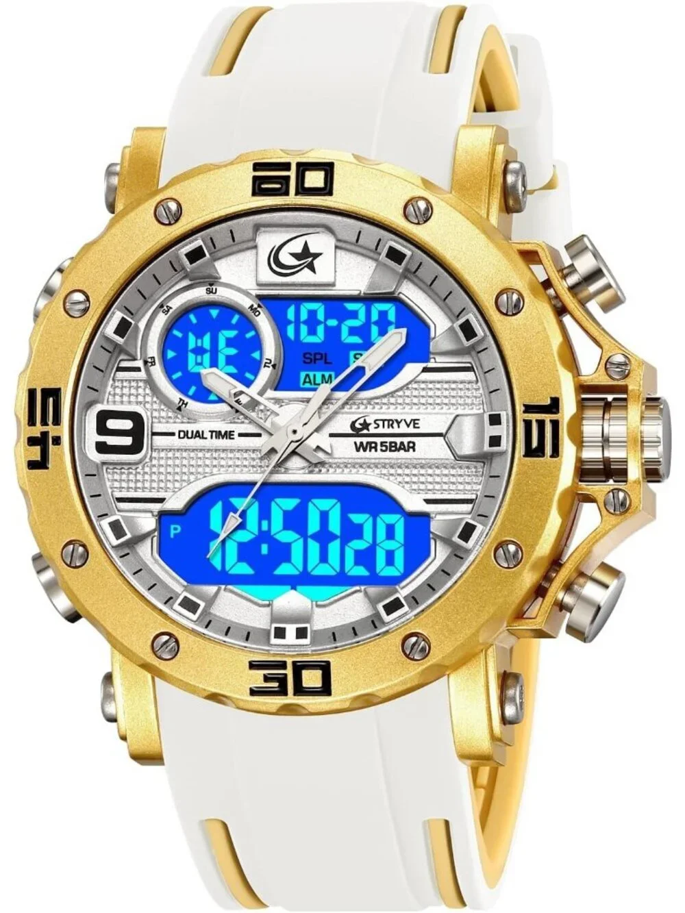 Men's White Analog Quartz Silicone Band Waterproof Multifunction Digital Watch